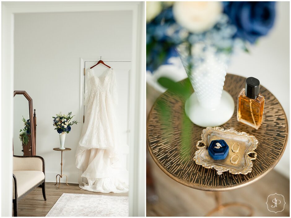 Bridal getting ready rental room all set up for the bride and her bridesmaids with the wedding gown and bridal details 