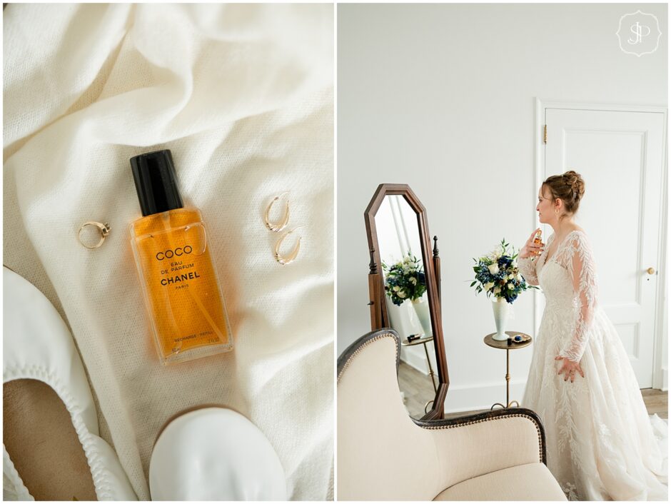 bride getting ready on her wedding morning in front of a wooden antique mirror. 