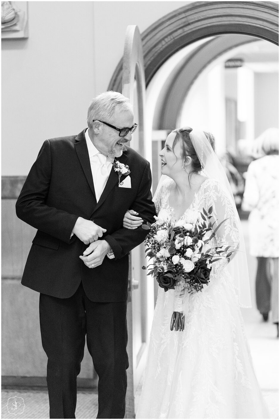 black and white photo of the bride and her dad at a Saint Vincent Wedding in latrobe 