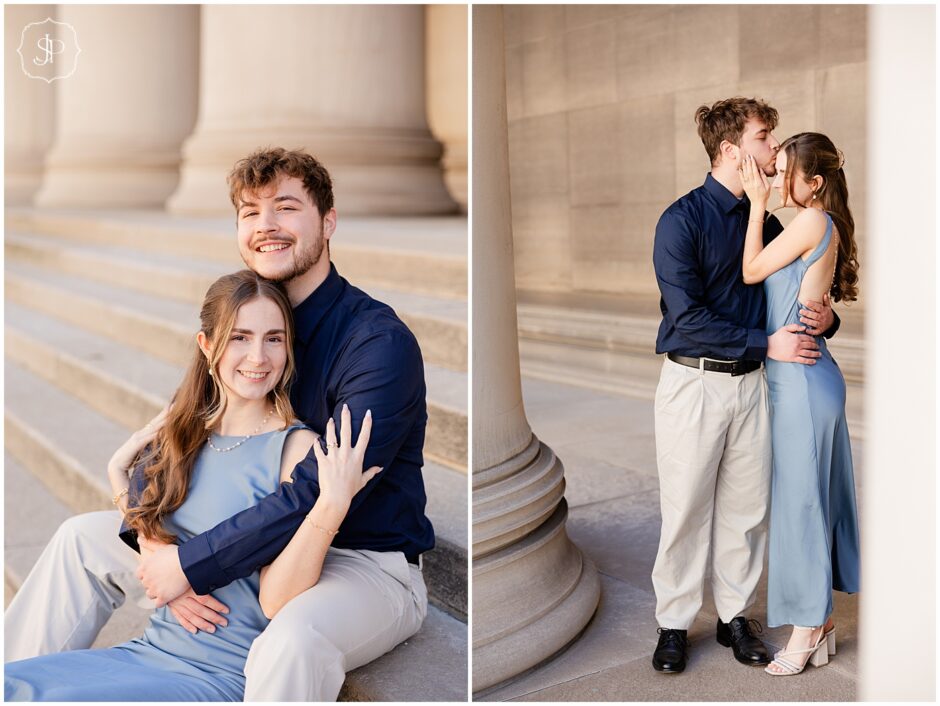 Downtown Pittsburgh Engagement Session at the Mellon Pillars with a couple in shades of blue 