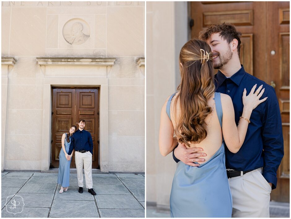 Frick Fine arts building with a couple in dust blue and navy blue standing for an engagement session 