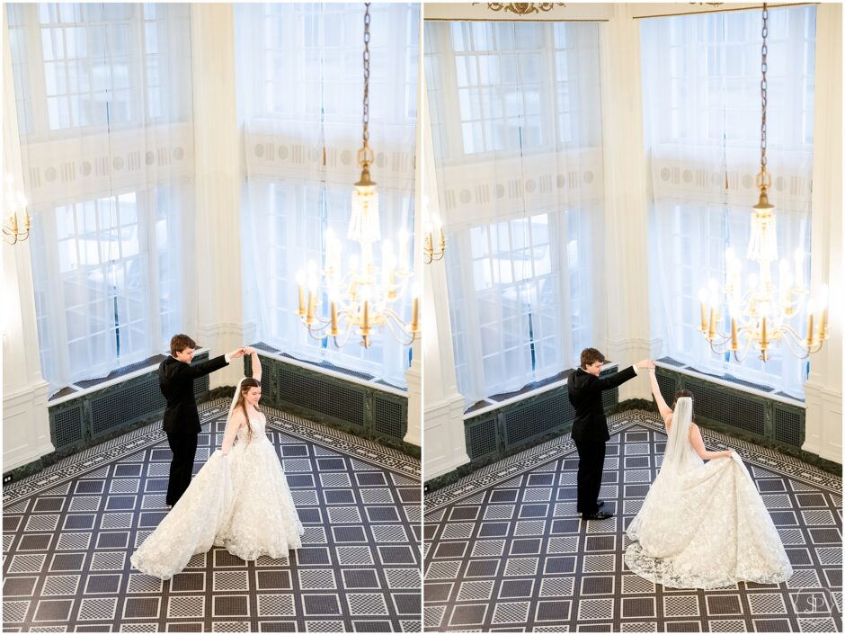 Couple dancing from the Washington Room Ballroom at the George Washington Hotel