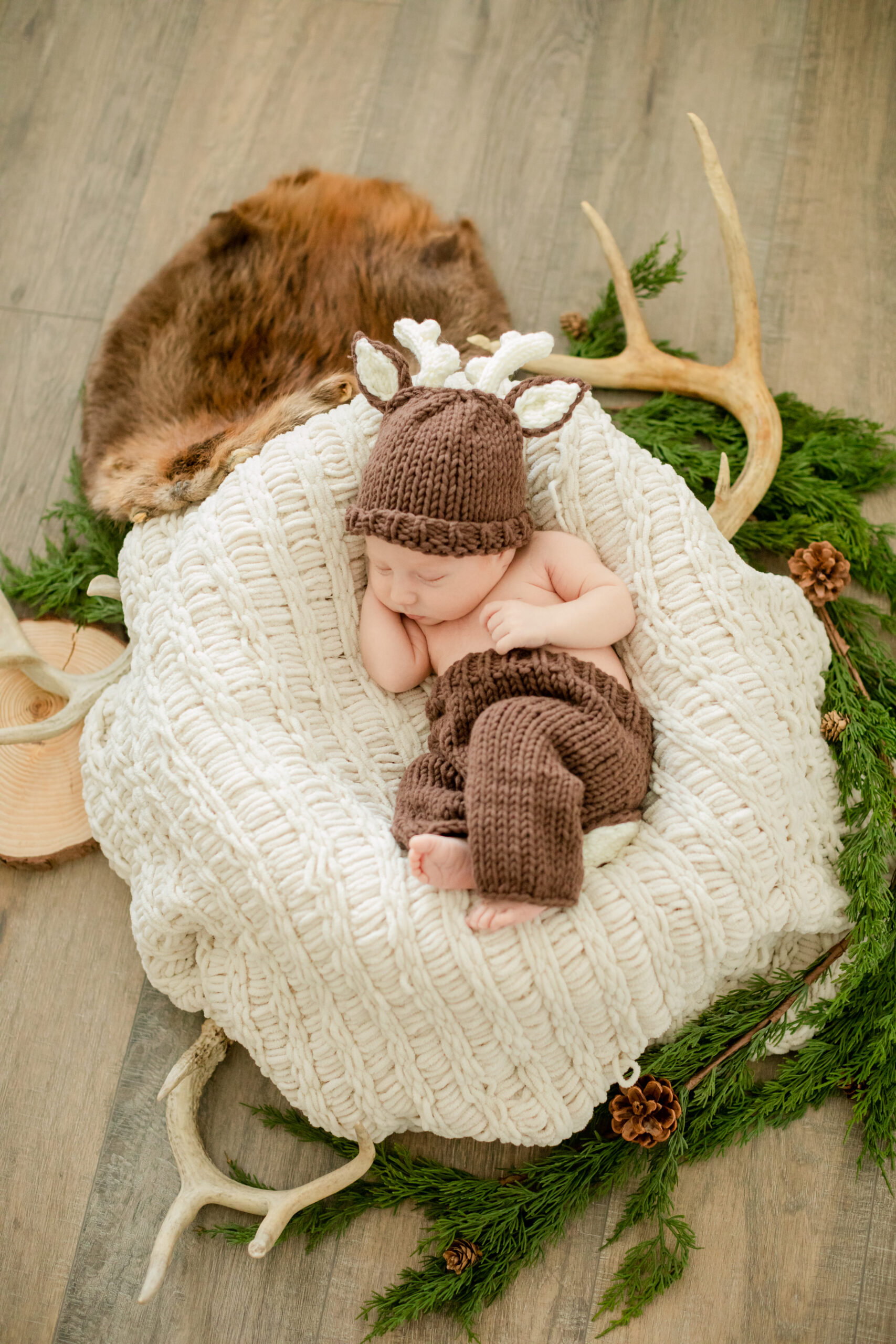 Tiny baby cozy in a cream blanket with deer antlers, pine, rustic wood, and furs around him like a nest for a newborn portrait session