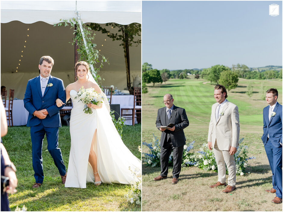 Couple gets married on a hilltop with rolling hills behind them  with their marriage license. 